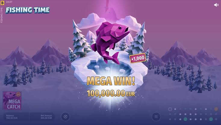 Animasi Mega Win Fishing Time dengan ikan ungu besar dan pendarab