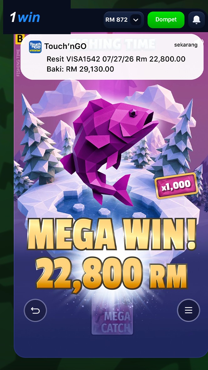 Paparan kemenangan Fishing Time pada aplikasi mudah alih